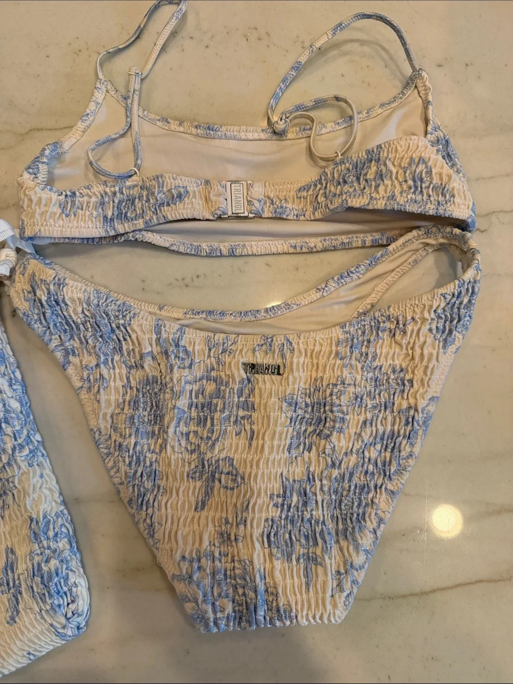 triangl swimwear Cream and Light Blue Smocked Bikini Set with Pouch